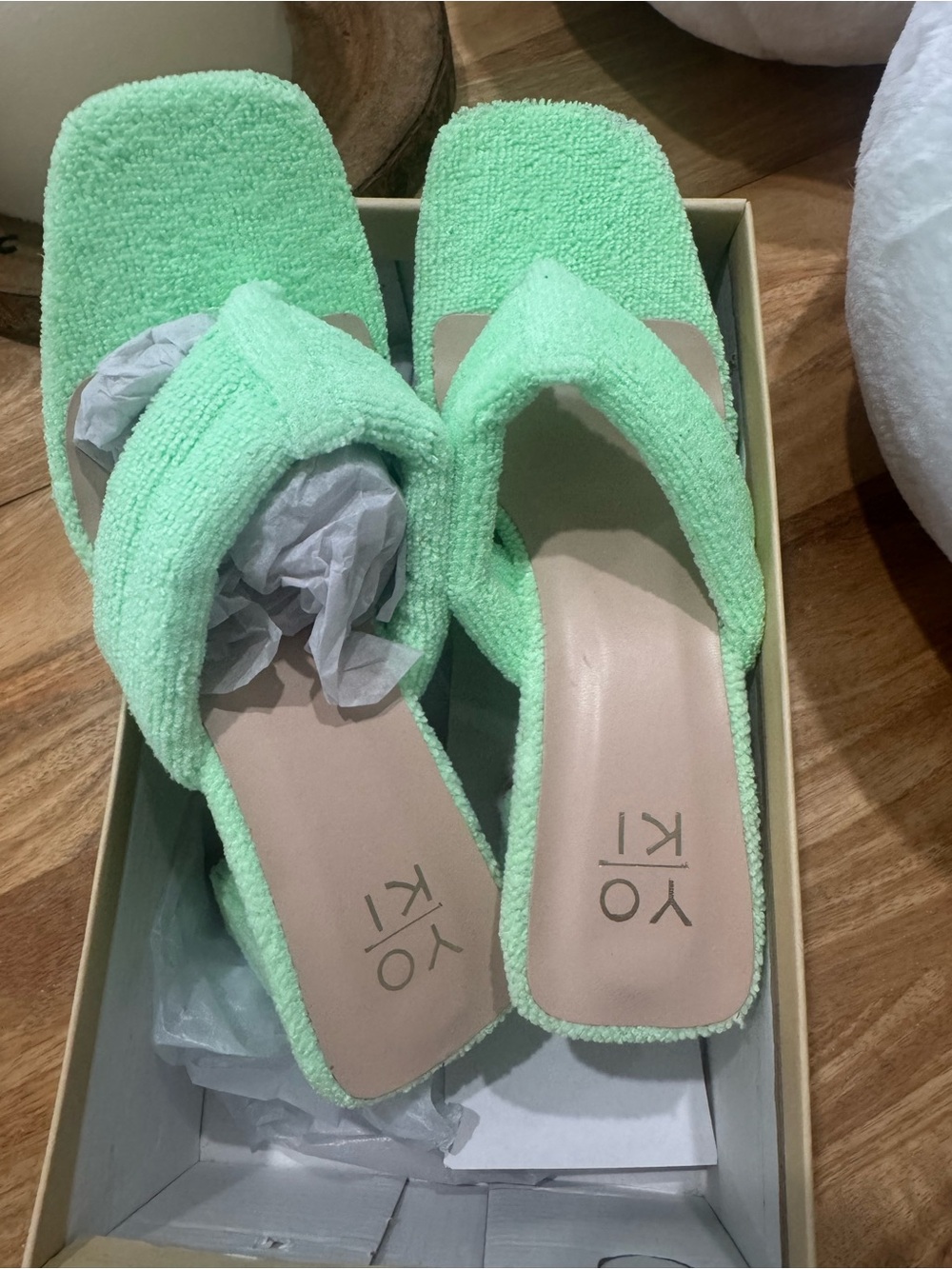 Yoki Mint Green Terry-Texture Square Toe Thong Sandals